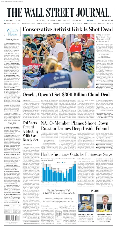 Portada de The Wall Street Journal del jueves, 11 de septiembre de 2025
