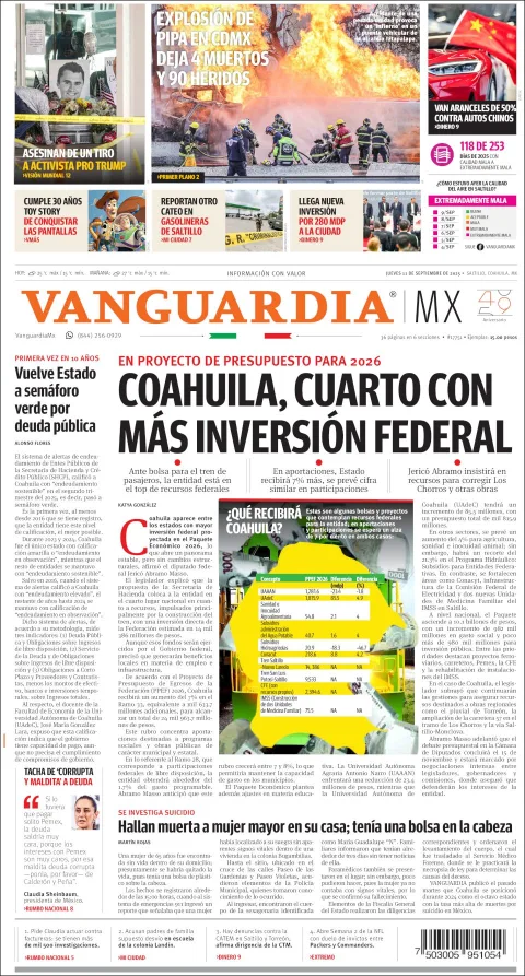 Portada de Vanguardia del jueves, 11 de septiembre de 2025