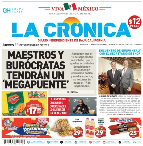 Portada de La Cronica del jueves, 11 de septiembre de 2025