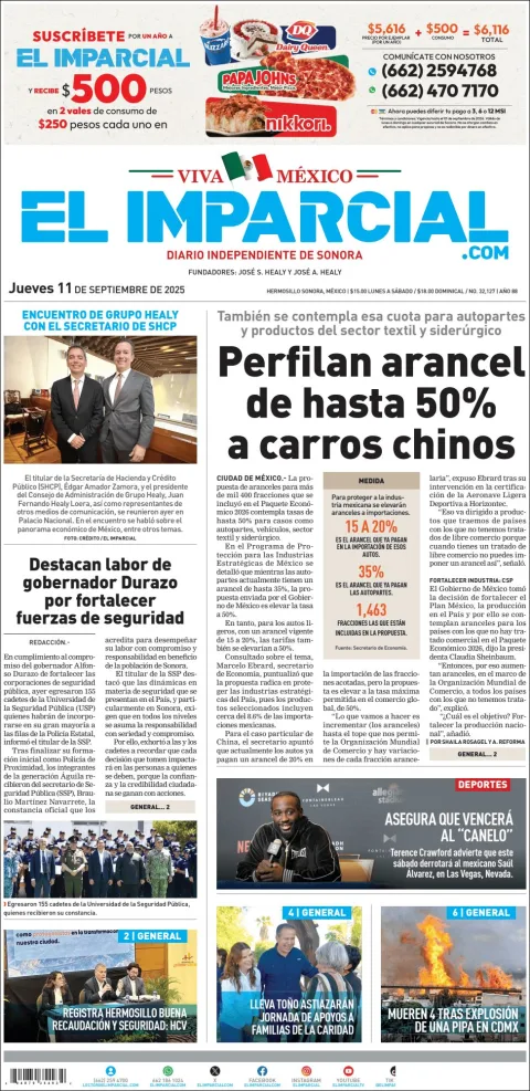 Portada de El Imparcial del jueves, 11 de septiembre de 2025