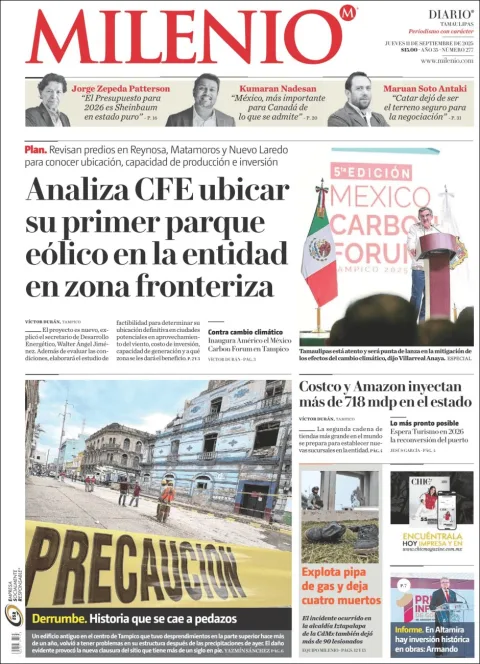 Portada de Milenio Tamaulipas del jueves, 11 de septiembre de 2025