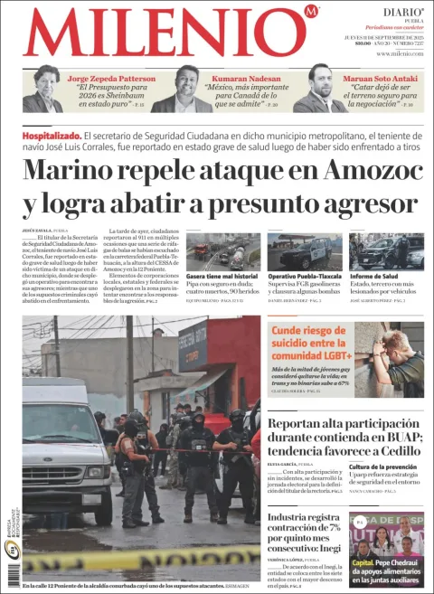 Portada de Milenio Puebla del jueves, 11 de septiembre de 2025