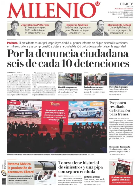 Portada de Milenio Hidalgo del jueves, 11 de septiembre de 2025