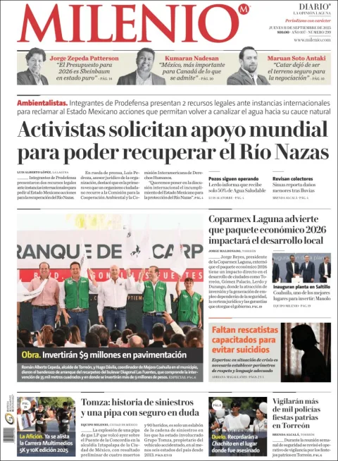 Portada de Milenio Laguna del jueves, 11 de septiembre de 2025
