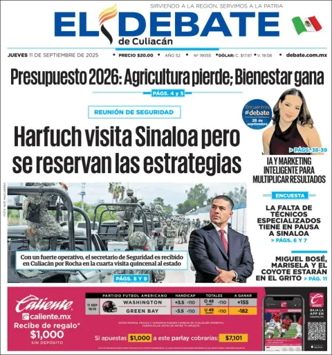 Portada de El Debate de Culiacan del jueves, 11 de septiembre de 2025