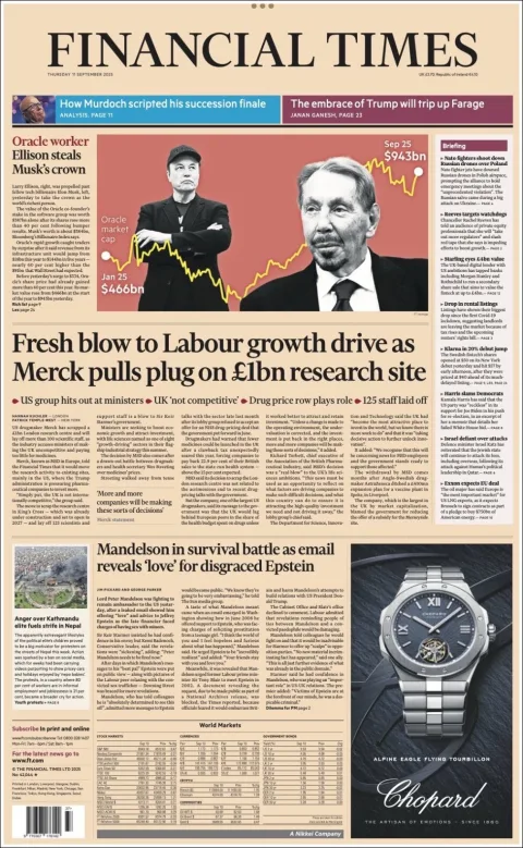 Portada de Financial Times del jueves, 11 de septiembre de 2025