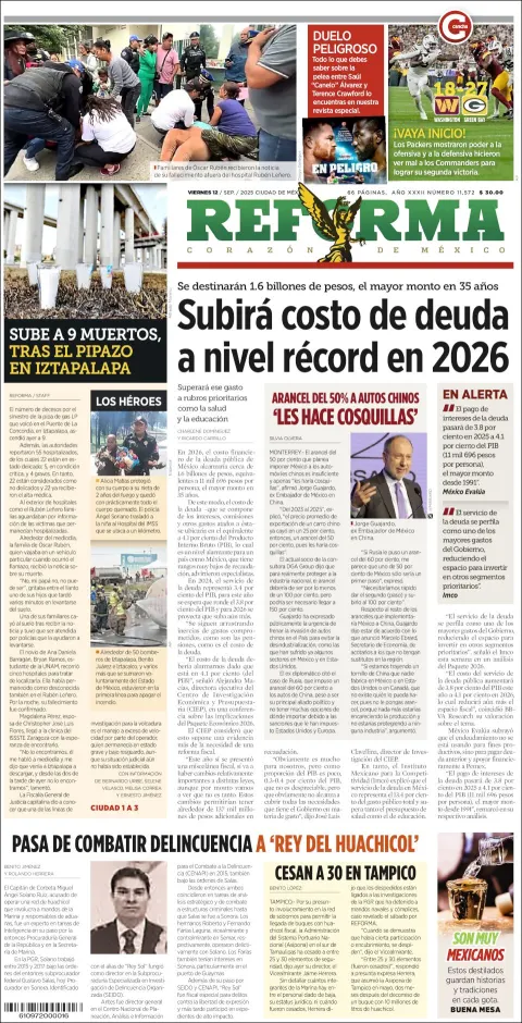 Portada de Reforma del viernes, 12 de septiembre de 2025