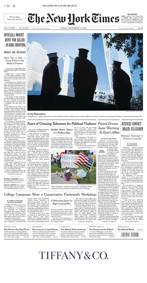 Portada de The New York Times (new York) del viernes, 12 de septiembre de 2025