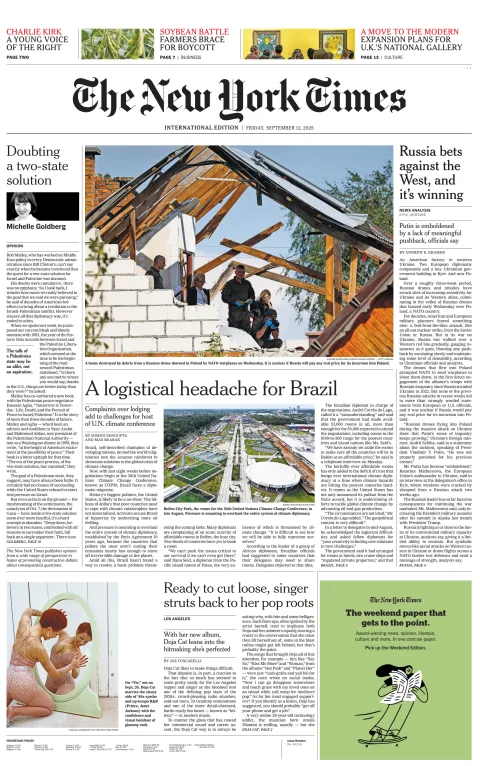 Portada de The New York Times (international) del viernes, 12 de septiembre de 2025