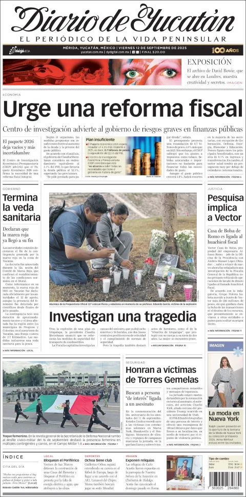 Portada de Diario de Yucatán del viernes, 12 de septiembre de 2025