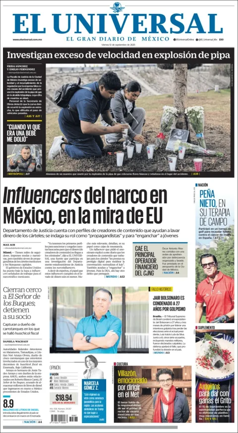 Portada de El Universal del viernes, 12 de septiembre de 2025