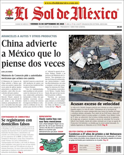 Portada de El Sol de Mexico del viernes, 12 de septiembre de 2025