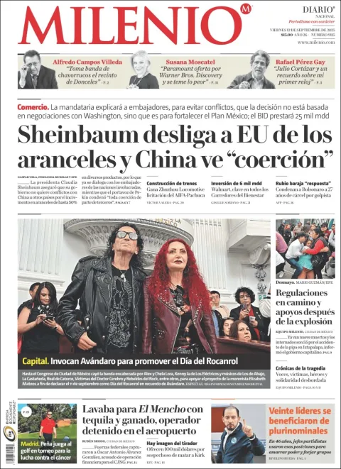Portada de Milenio del viernes, 12 de septiembre de 2025