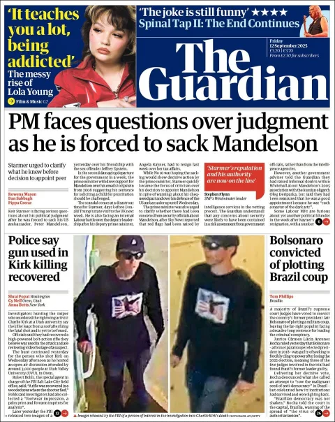 Portada de The Guardian (reino Unido) del viernes, 12 de septiembre de 2025
