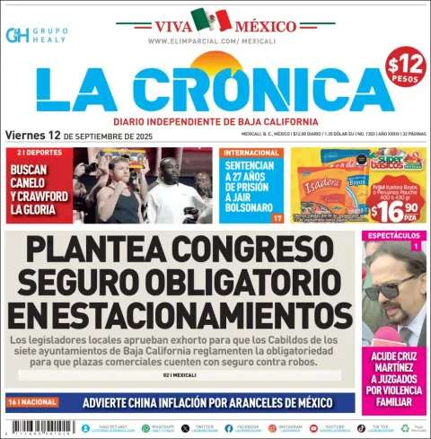 Portada de La Cronica del viernes, 12 de septiembre de 2025