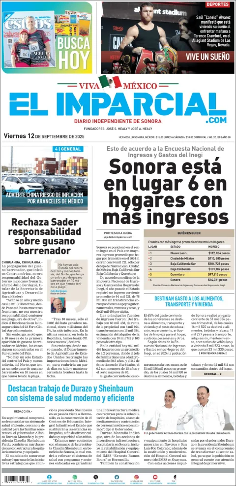 Portada de El Imparcial del viernes, 12 de septiembre de 2025