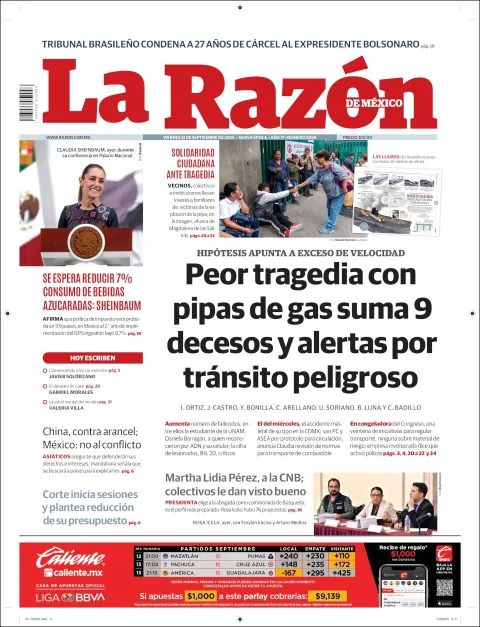 Portada de La Razon del viernes, 12 de septiembre de 2025