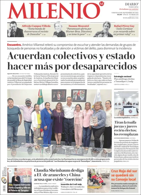 Portada de Milenio Tamaulipas del viernes, 12 de septiembre de 2025