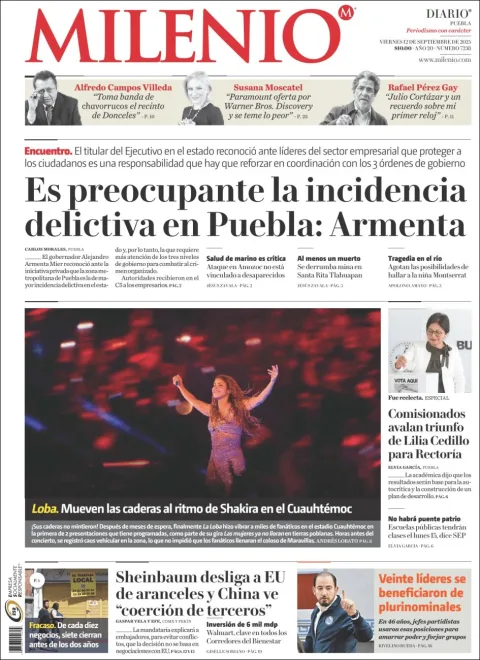 Portada de Milenio Puebla del viernes, 12 de septiembre de 2025
