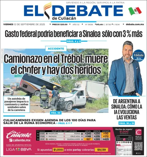 Portada de El Debate de Culiacan del viernes, 12 de septiembre de 2025
