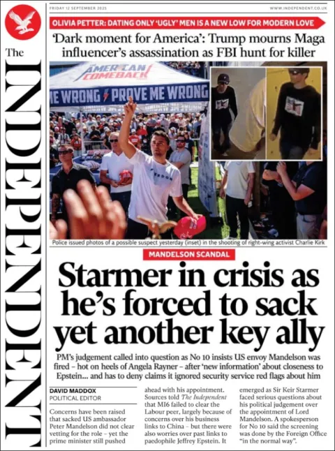Portada de The Independent del viernes, 12 de septiembre de 2025