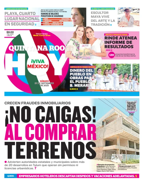Portada de Quintana Roo Hoy (portada) del sábado, 13 de septiembre de 2025