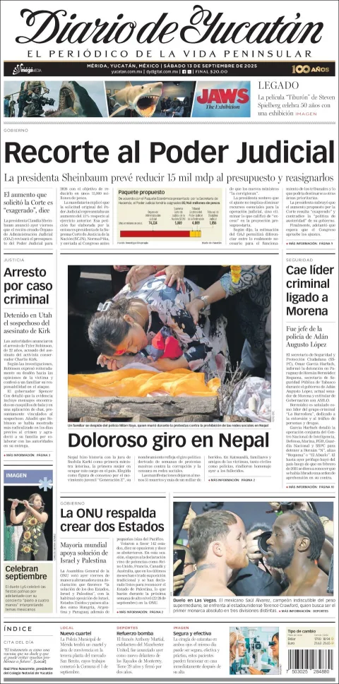 Portada de Diario de Yucatán del sábado, 13 de septiembre de 2025
