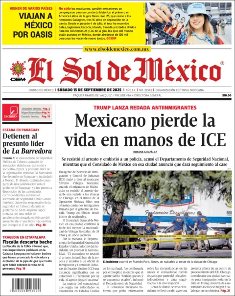 Portada de El Sol de Mexico del sábado, 13 de septiembre de 2025