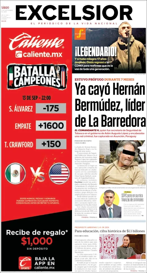 Portada de Excelsior del lunes, 15 de septiembre de 2025