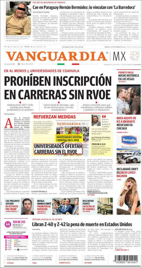 Portada de Vanguardia del sábado, 13 de septiembre de 2025