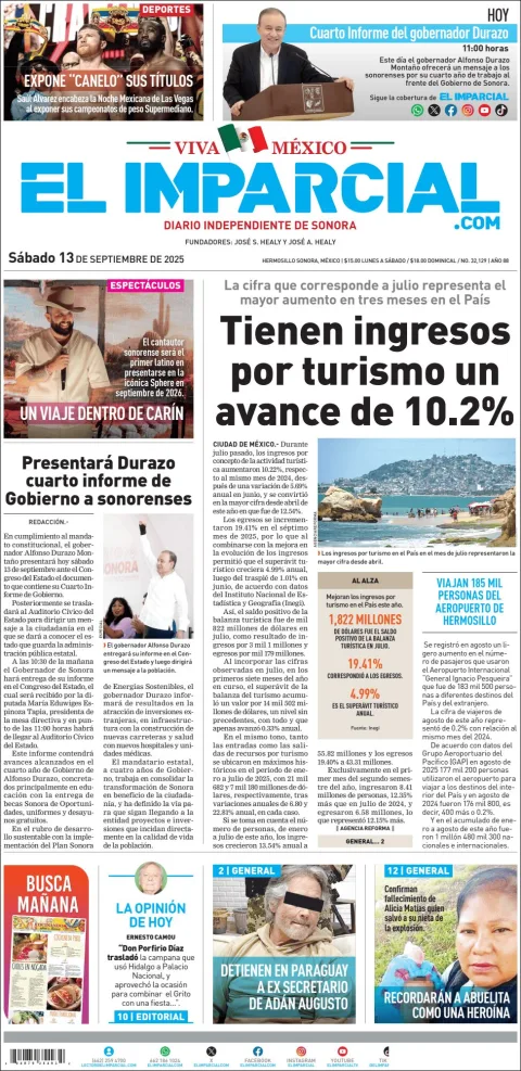 Portada de El Imparcial del sábado, 13 de septiembre de 2025