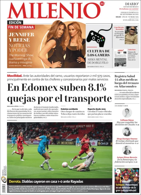 Portada de Milenio Edo de Mexico del lunes, 15 de septiembre de 2025