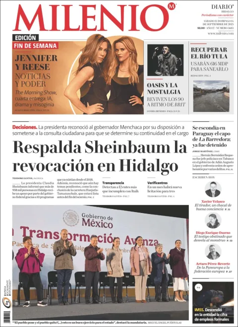 Portada de Milenio Hidalgo del lunes, 15 de septiembre de 2025