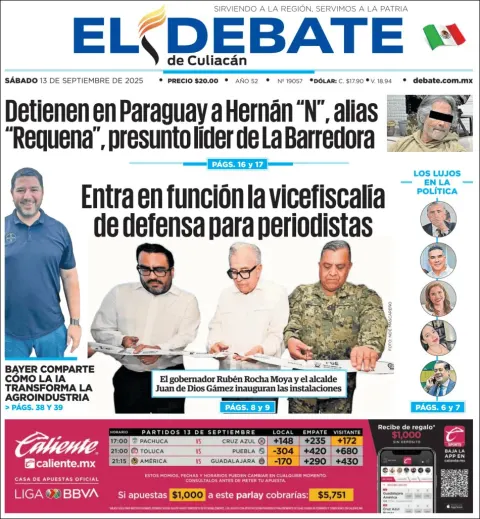 Portada de El Debate de Culiacan del sábado, 13 de septiembre de 2025