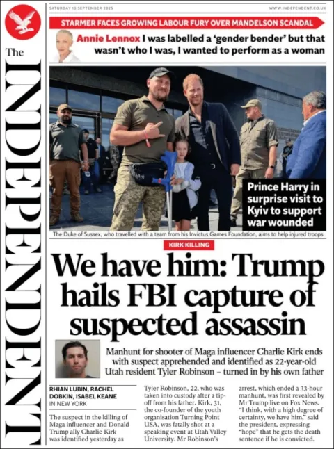 Portada de The Independent del sábado, 13 de septiembre de 2025