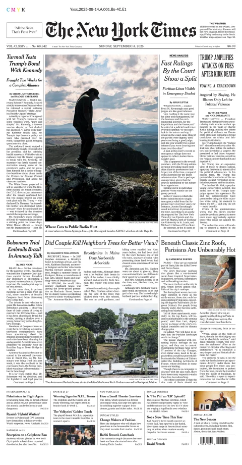 Portada de The New York Times (national) del domingo, 14 de septiembre de 2025