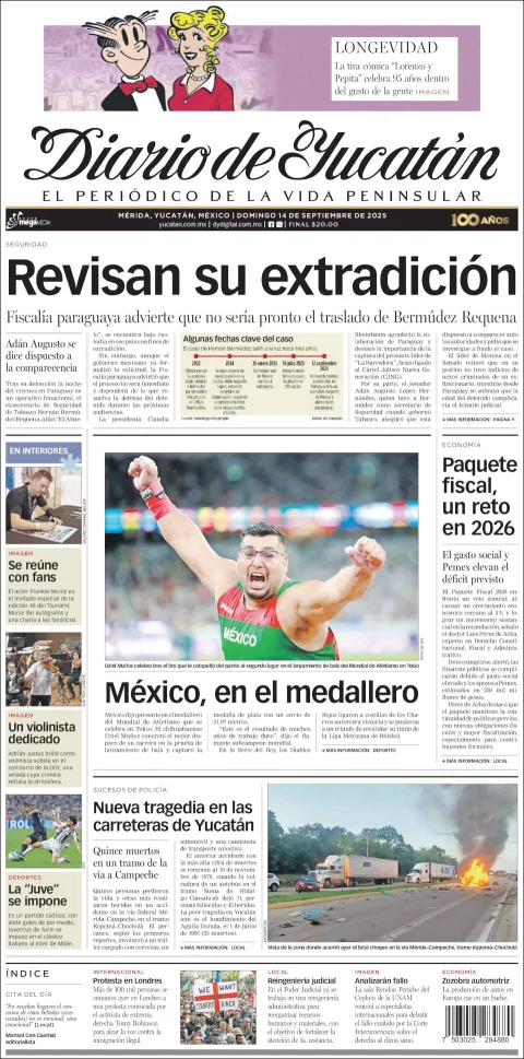 Portada de Diario de Yucatán del domingo, 14 de septiembre de 2025