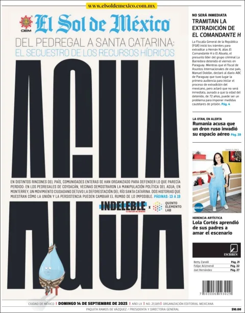 Portada de El Sol de Mexico del domingo, 14 de septiembre de 2025