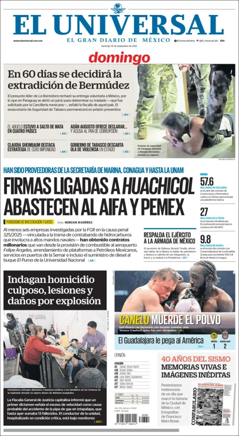 Portada de El Universal del domingo, 14 de septiembre de 2025