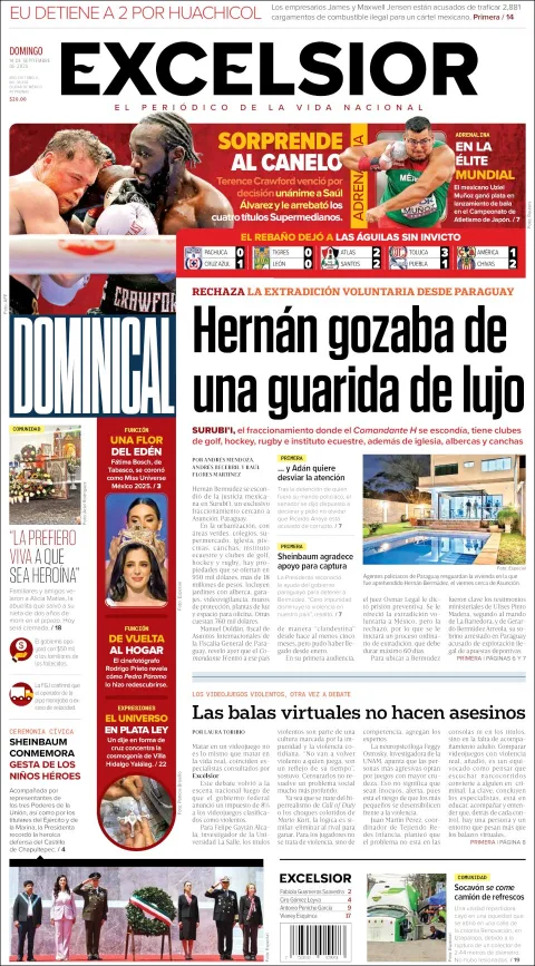 Portada de Excelsior del domingo, 14 de septiembre de 2025