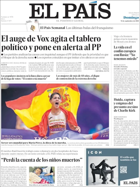 Portada de El Pais del domingo, 14 de septiembre de 2025
