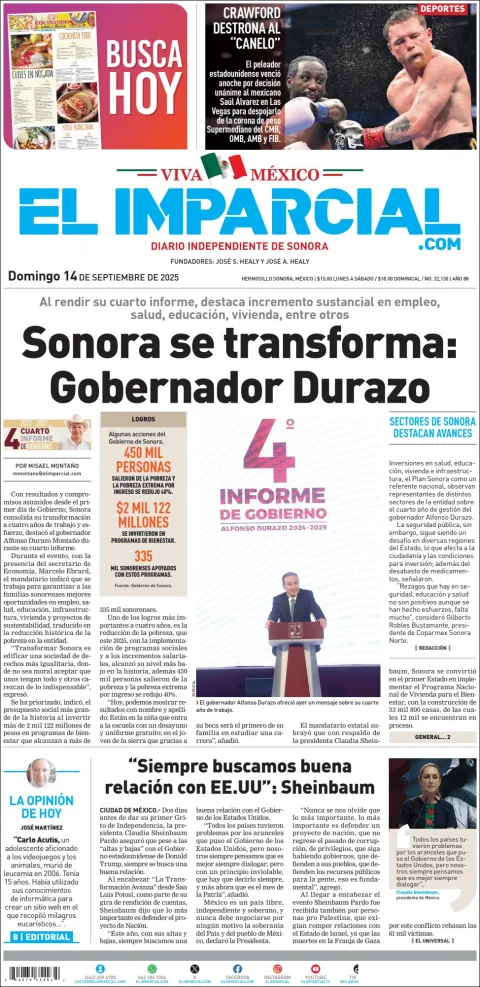 Portada de El Imparcial del domingo, 14 de septiembre de 2025