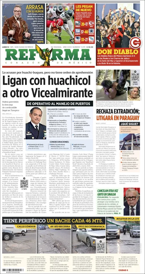 Portada de Reforma del viernes, 15 de septiembre de 2023