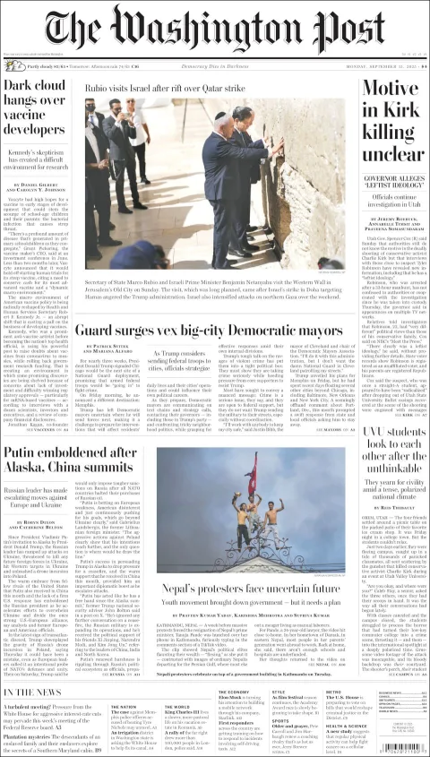 Portada de The Washington Post del lunes, 15 de septiembre de 2025
