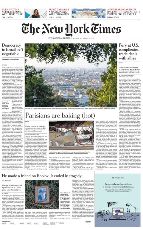 Portada de The New York Times (international) del lunes, 15 de septiembre de 2025
