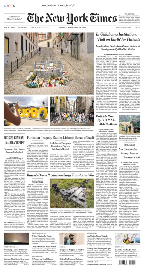 Portada de The New York Times (national) del lunes, 15 de septiembre de 2025