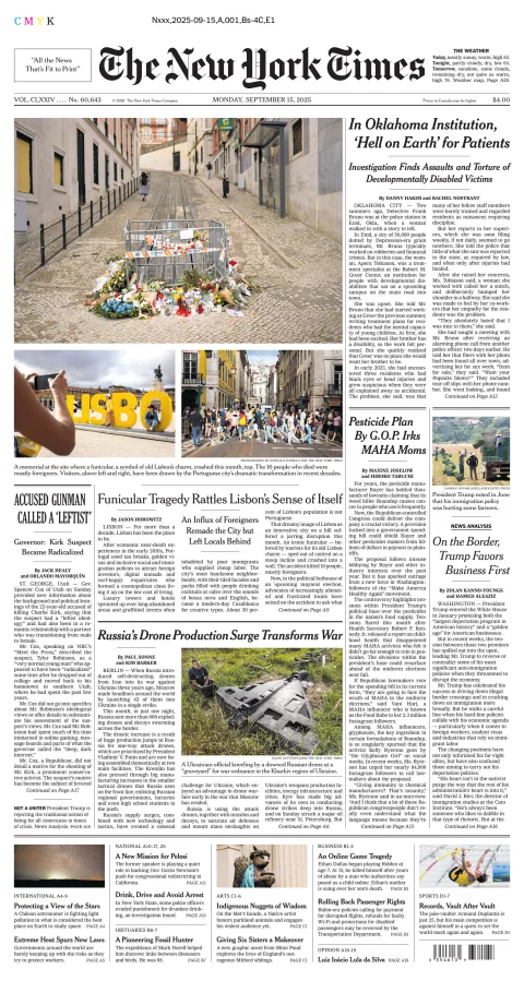 Portada de The New York Times (new York) del lunes, 15 de septiembre de 2025