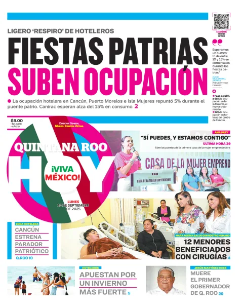 Portada de Quintana Roo Hoy (portada) del lunes, 15 de septiembre de 2025