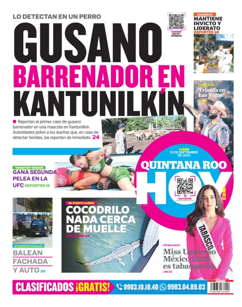 Portada de Quintana Roo Hoy (contraportada) del lunes, 15 de septiembre de 2025