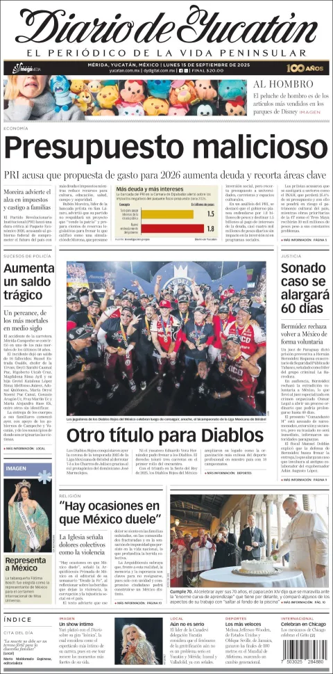 Portada de Diario de Yucatán del lunes, 15 de septiembre de 2025